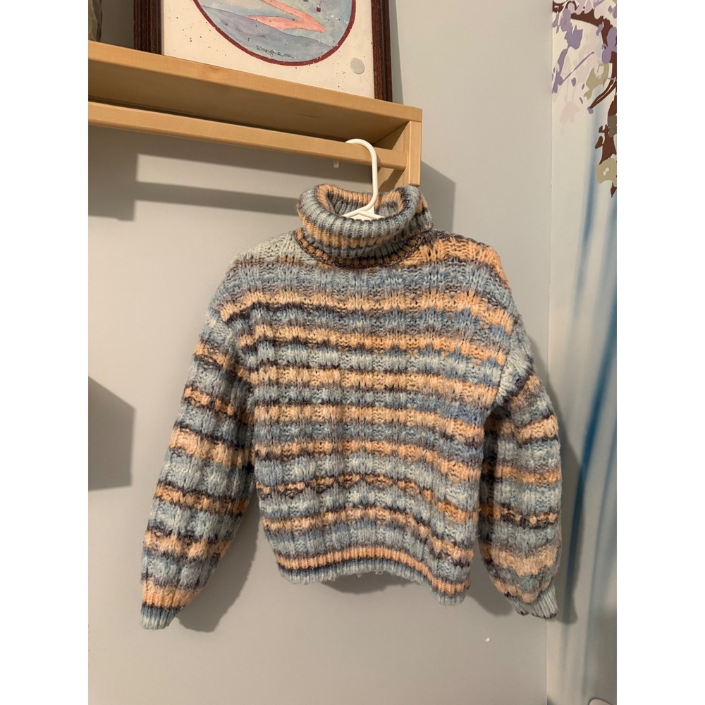 Zara Kids Chunky Striped Turtleneck Sweater Blue Peach Knit Size 4-5